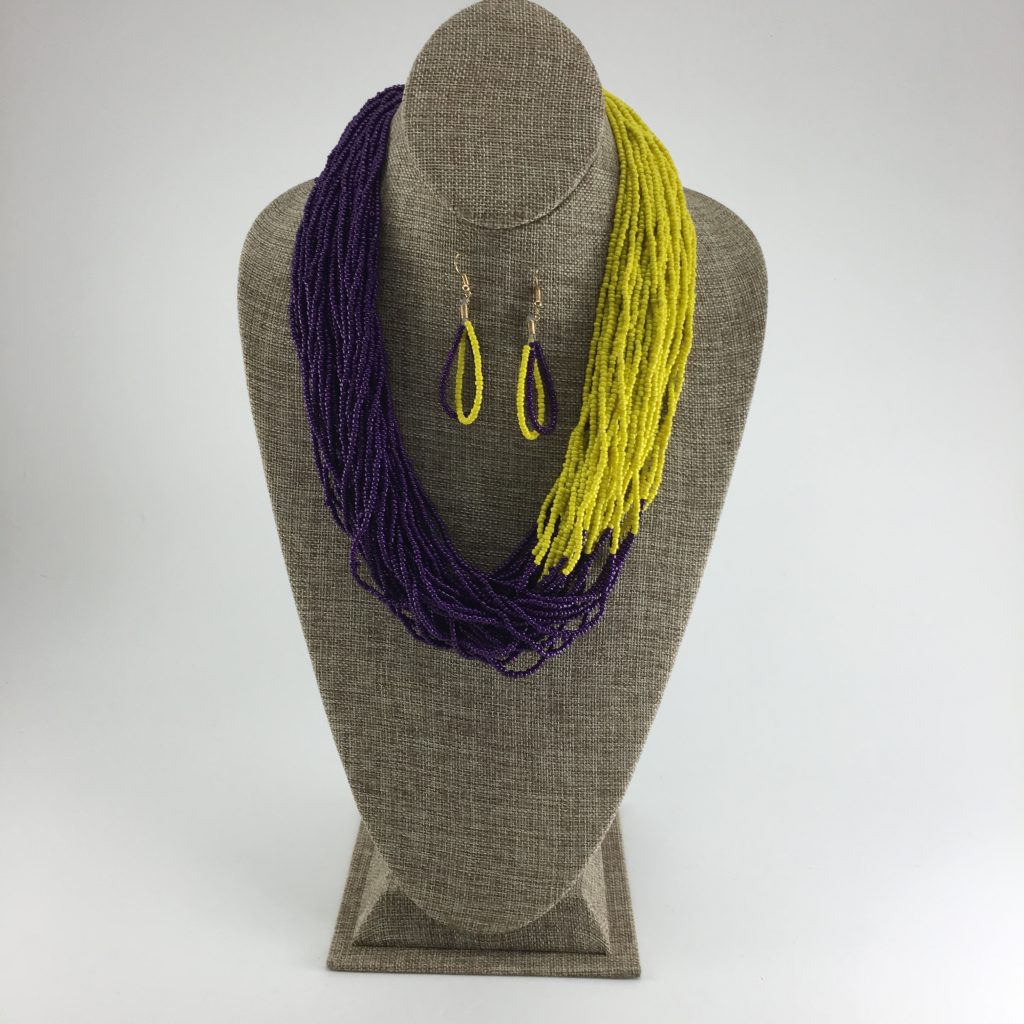 Pur/Gld Seed Bead Necklace/Earring Set Song Lily