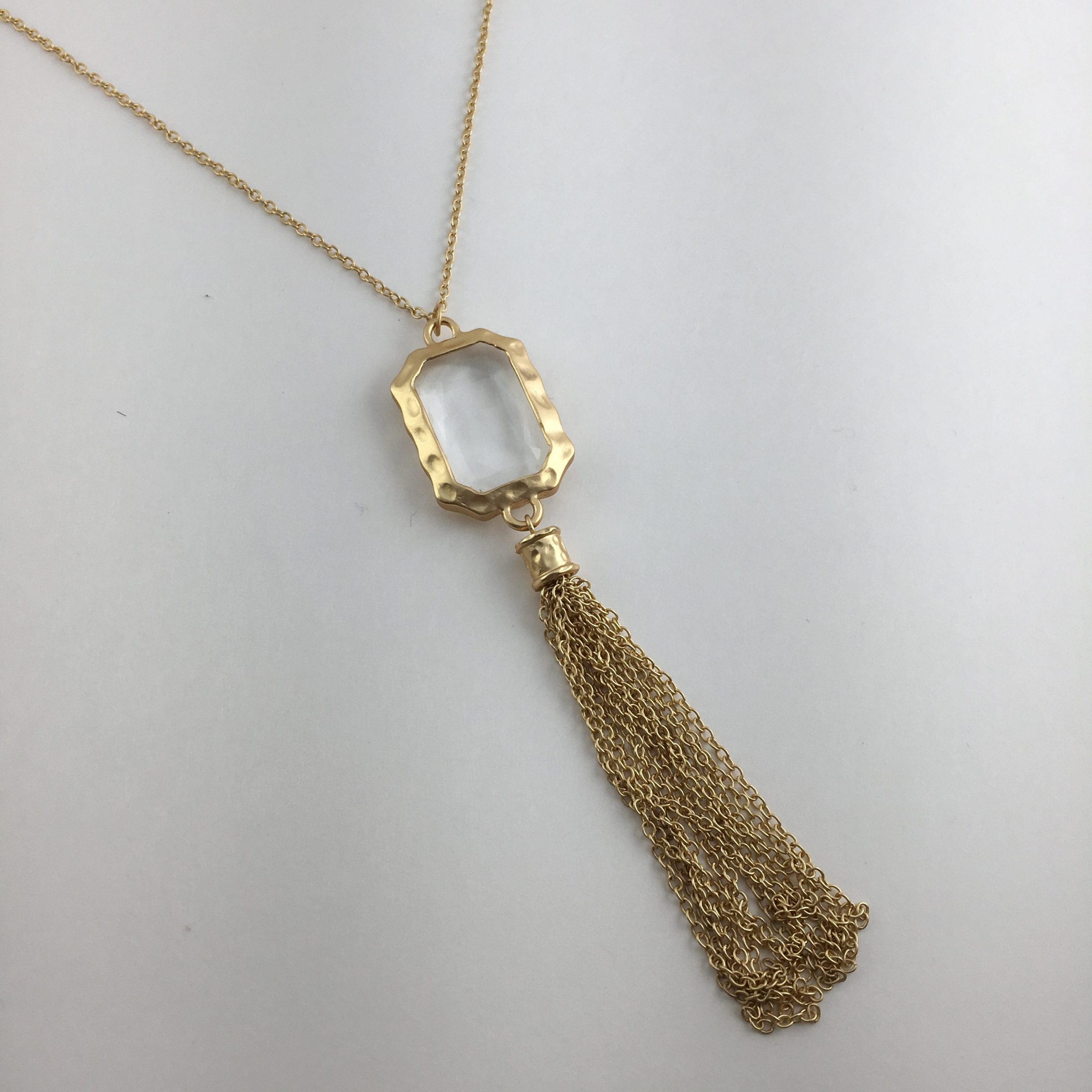 Rectangle Clear Stone Necklace w/Gold Chain Tassel – Song Lily